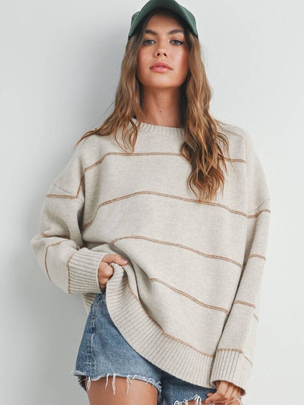 Buttermelon Women’s Cream Stripe Knit Sweater